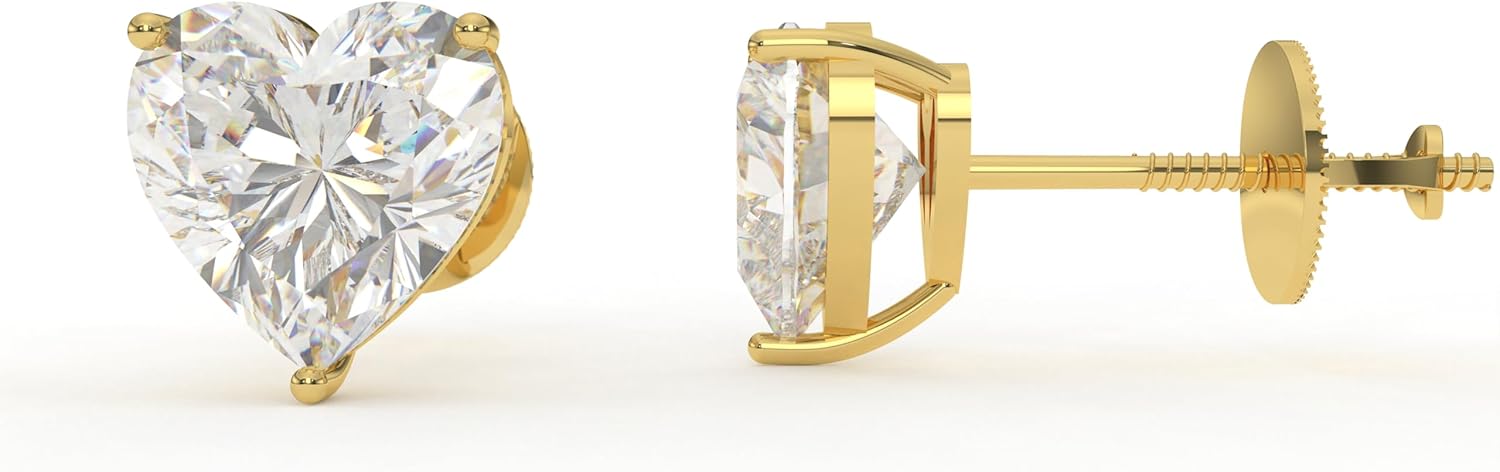 1 Ct Heart Shape Diamond Stud Earrings, 14K Yellow Gold, Screw Back