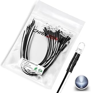 CHANZON 20 pcs Pre-Wired 5mm White LED Diode Lights (Clear Round Transparent Lens DC 12V) with 560 ohms 1/4W Resistor and 24awg Wire Indicator Light Emitting Diodes Lighting Bulb 5mmled