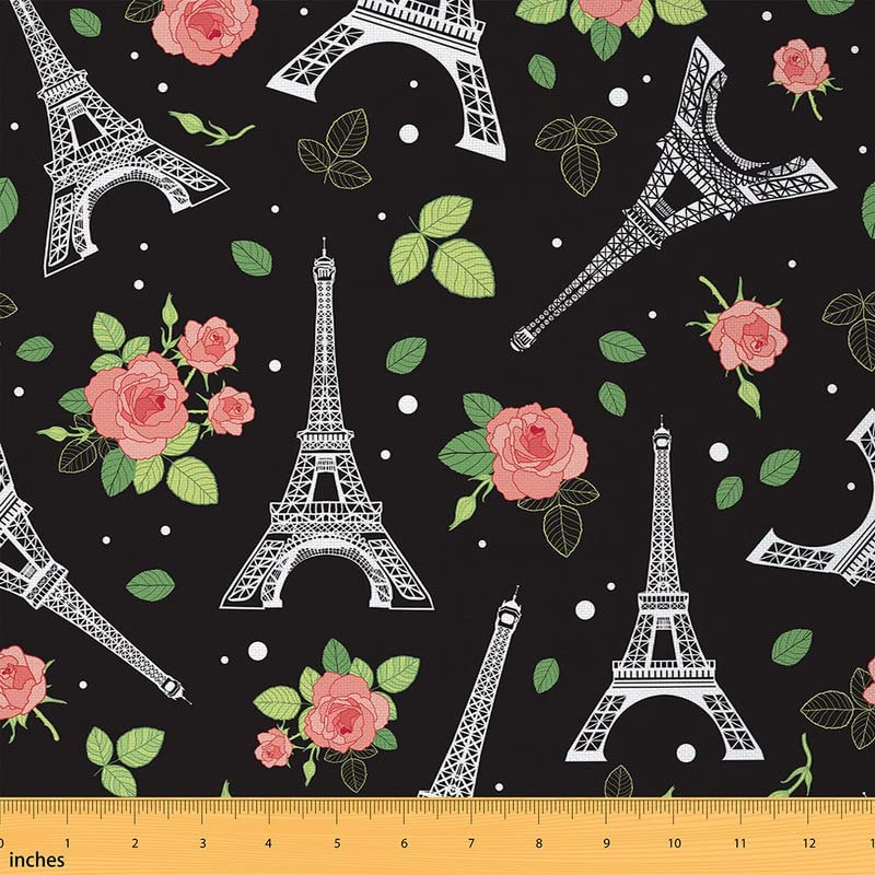 Eiffel Tower Fabric by The Yard Paris Decor Upholstery Fabric for Chairs Botanical Floral Leaf Print Decorative Fabric for Upholstery and Home DIY Projects 2 Yards (L184*W150cm) Black Green Pink