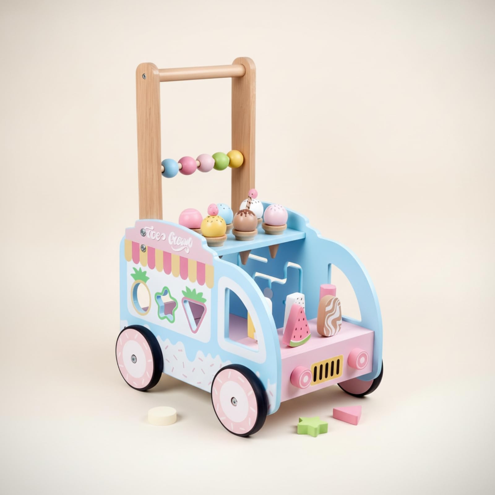 Children Lernlaufer Lauflernwagen Holz Interaktives Eiscreme-shop Motorikspiel mit Formsortierpanel für Kinder Lernen Fantasievolle Spielzeit Aktivitäten