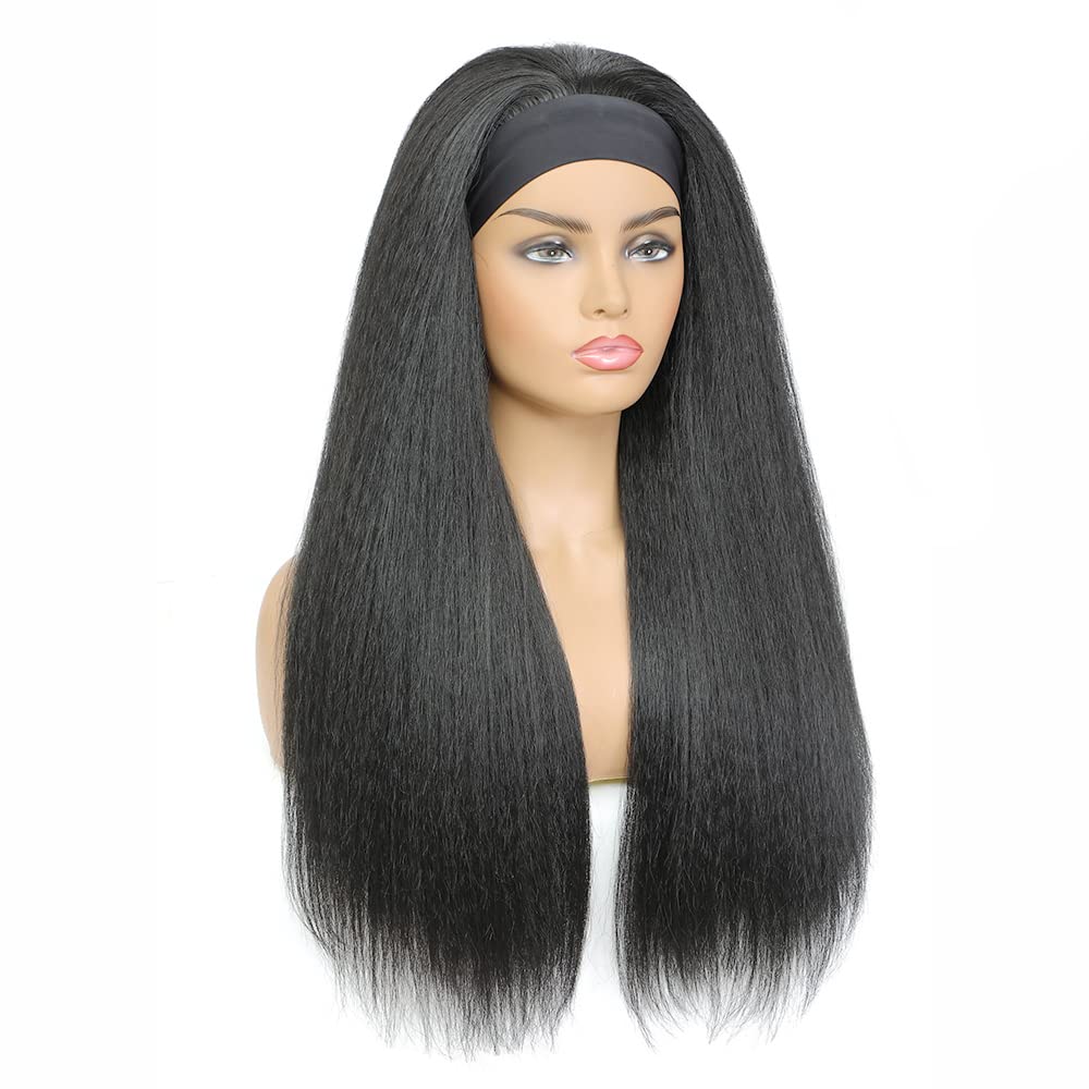 Headband Wigs for Black Women, Long Black Afro Kinky Yaki Straight Wig, Natural Looking Synthetic Headband Wigs with Black Headband Glueless None Lace Front Wig 26 Inches