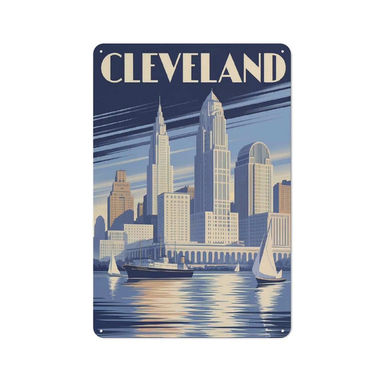 Junmoney Style-24 Smart Cleveland Cityscape Art Deco Office Metal Sign 30X20cm, Creative Space Decor For Home Office, Reading Corner Or Bedroom