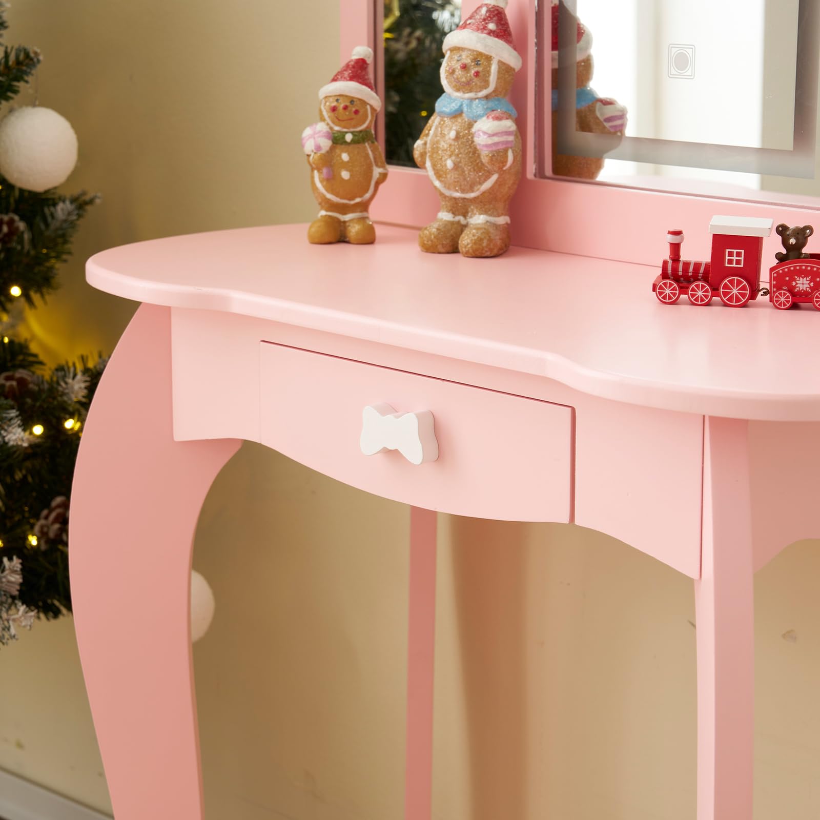 LEADZM Coiffeuse pour Enfants avec Miroir à Trois Volets avec Tabouret, Lampe LED Tactile à 3 Couleurs (Rose)