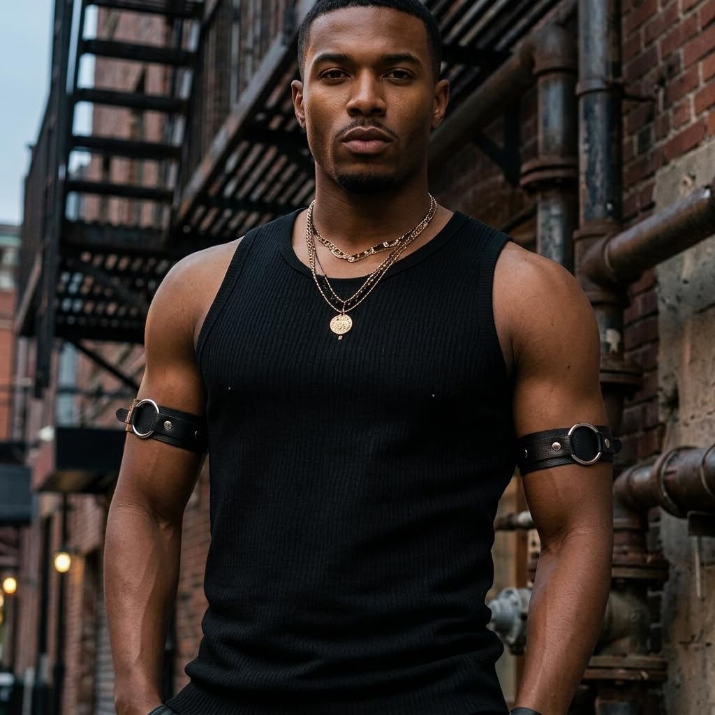 Leather Arm Bands for Men,Punk Bracelets Adjustable Upper Arm Strap with Metal Ring Black Arm Bands Rock、Party Accessories