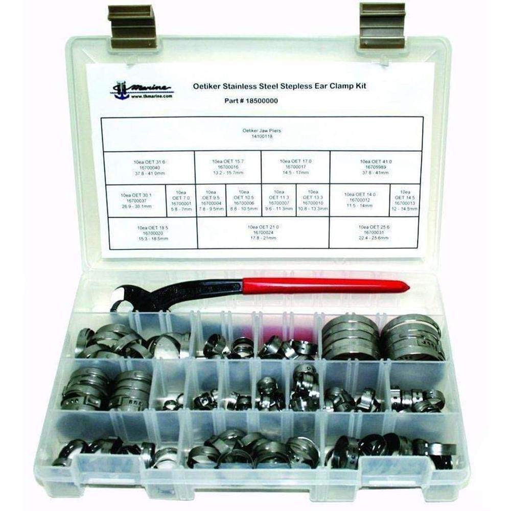 Oetiker Stepless Ear Clamp Kit - Stainless Steel 150 Piece Set Includes Pliers and 15 Popular Sized Clamps - Complete Boat Clamp Hose Repair Kit