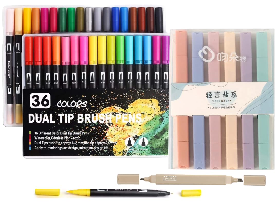 Corslet 42 Pcs Dual Tip Colour Markers Set - 36 Pc Brush Pens & 6 Pc Aesthetic Highlighter Pen Pastel Highlighter Set Sketch Colour Sketch Pen Set Calligraphy Brush Pen for Drawing & Sketching color