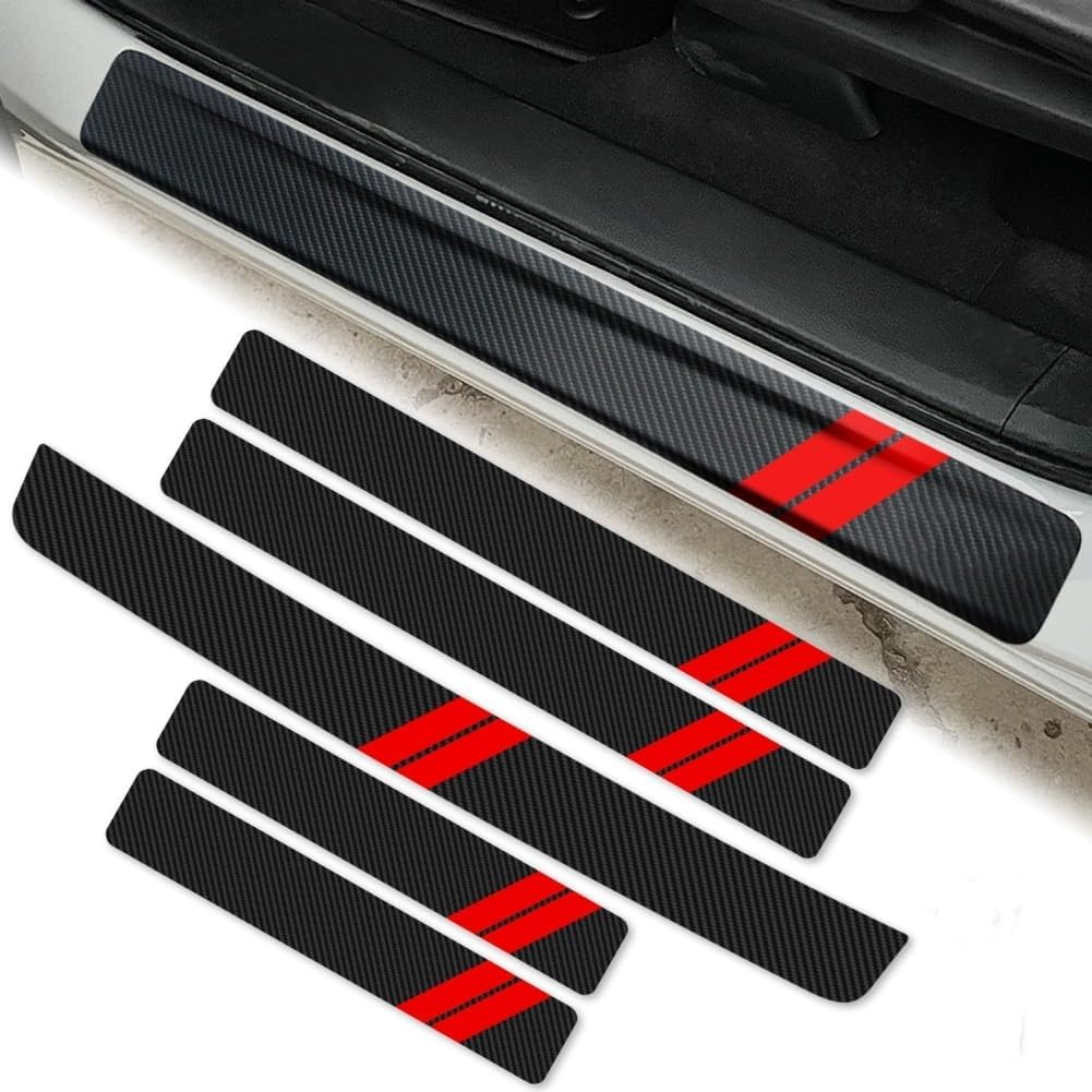 5 Pcs Car Door Sill Protector for Ford Mondeo MK5 2015-2023, Carbon Fiber Threshold Scuff Plate Car kick Plate Styling Sticker Welcome Pedal,Red