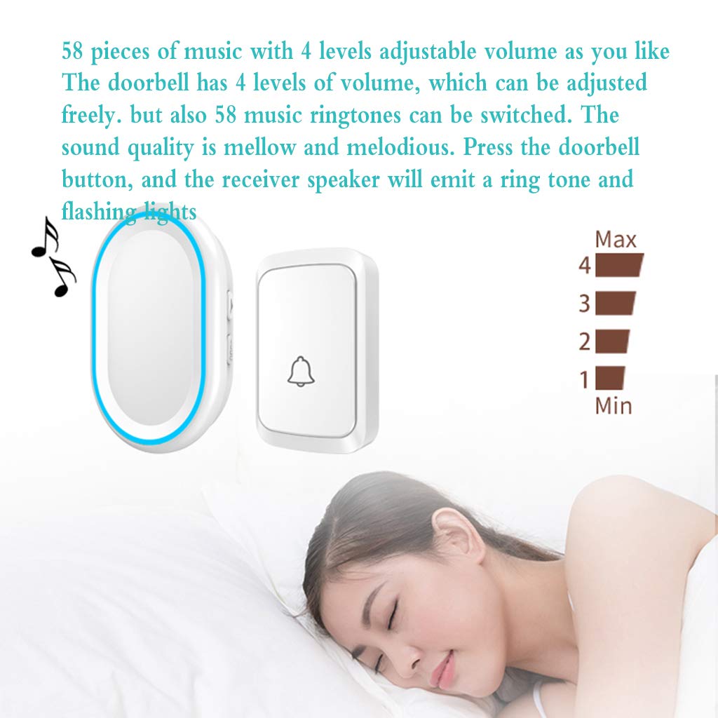 Timbres Inalámbricos, Kit De Timbre De Entrada Inalámbrico De Pared Impermeable con Alcance De 300 M, 58 Timbres Y Volumen De 4 Niveles, Luz Azul, 4 Receptores,Negro