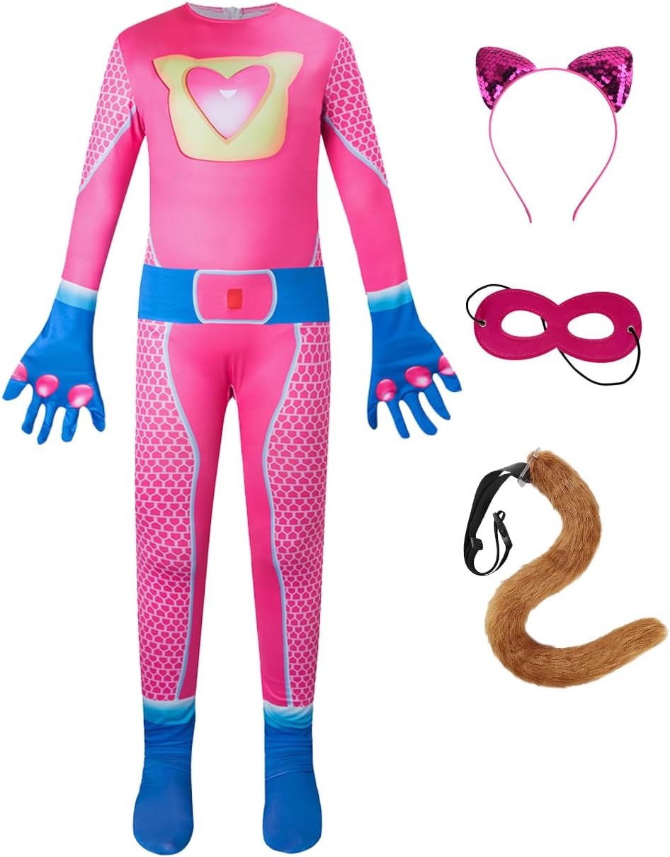 Super Kitten Costume for Girls, 5 Pcs Cute Super Cats Cosplay Costume for Kids Toddler Girls