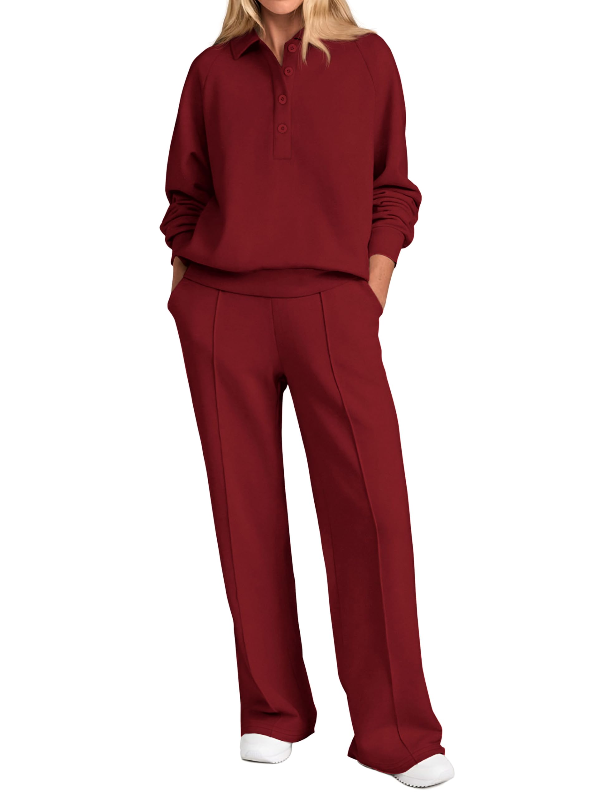 Photo 1 of PRETTYGARDEN Women Fall 2 Piece Outfits Sweatsuits Quarter Button Long Sleeve Sweatshirt Wide Leg Pants Tracksuit Lounge Sets(Wine Red,Medium)