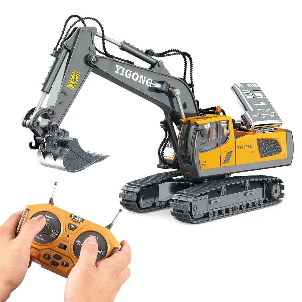 Generico Escavatore Telecomandato Bambini con Pala in Metallo – 11 Canali, Luci e Suoni Realistici, Giocattolo Cantiere RC Resistente – Regalo per Bambini 6 7 8 9 10 Anni - Giallo