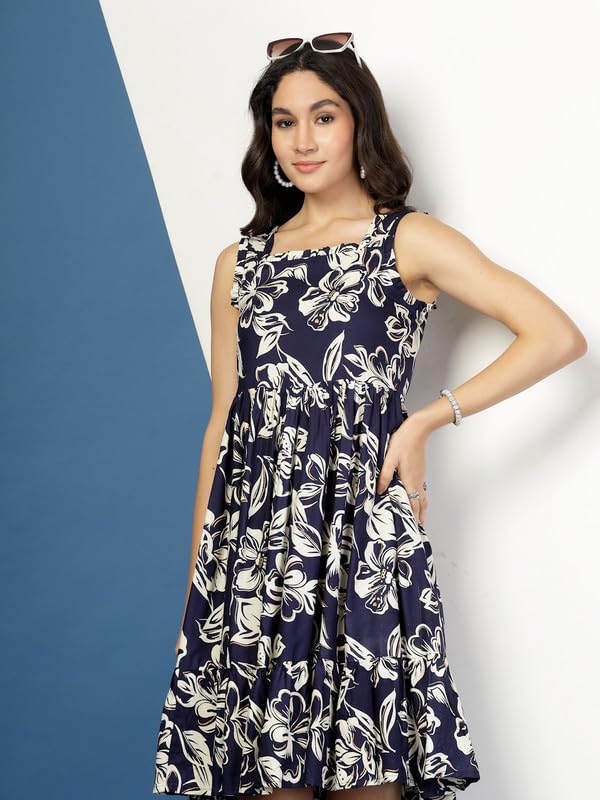 Image of Daevish New Rayon Floral Printed Flared Midi Dress for Women | Women Calf Length Dress