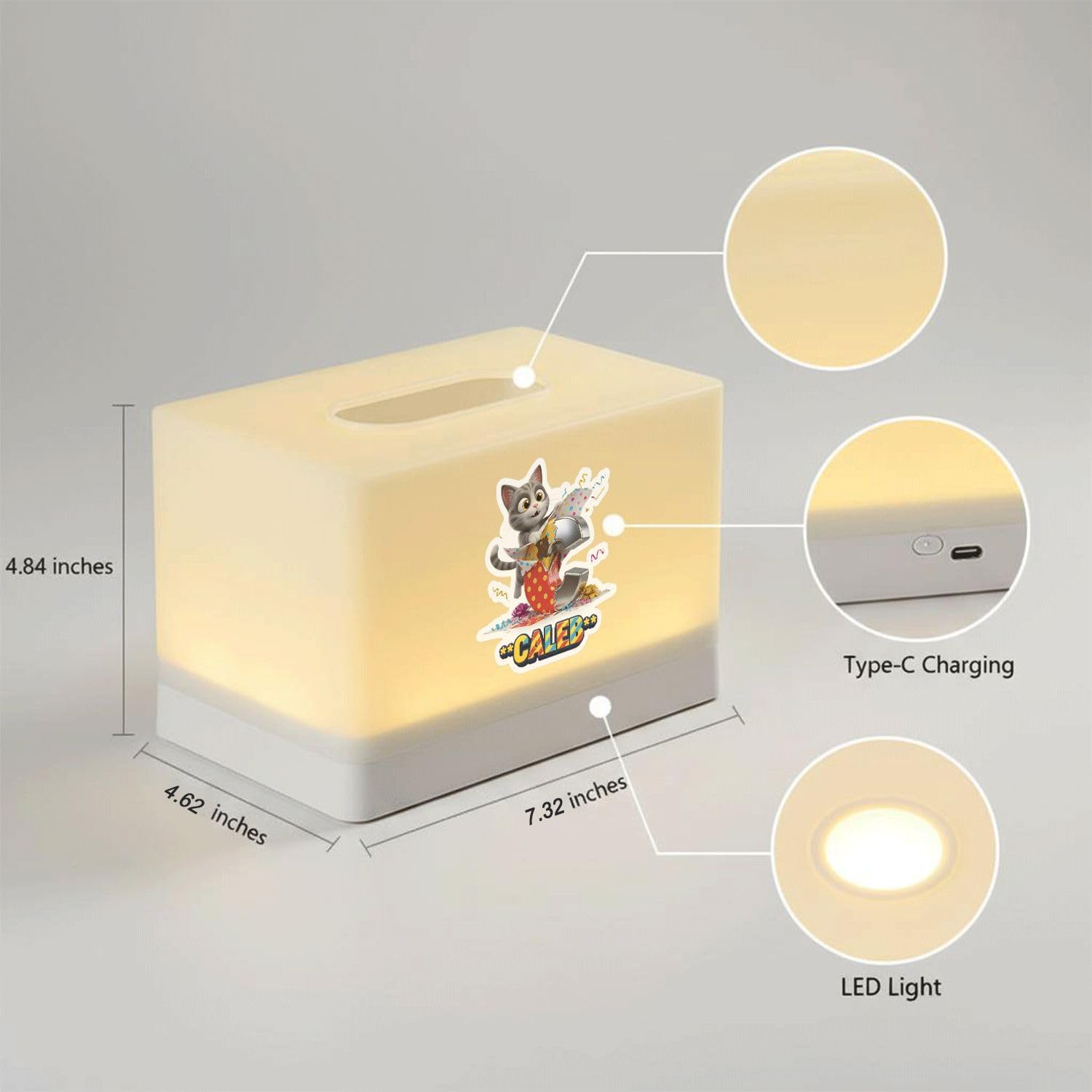 Personalized Tissue Box Cover with LED Night Light, Custom Name Artist Cat, Rechargeable Lamp for Kids Bedroom Nightstand Decor image 2