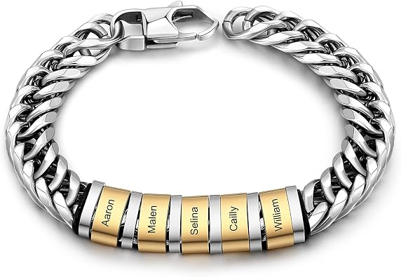 Mens Bracelet Personalized Custom Bracelets with Name Beads Stainless Steel Cuban Link Bracelet for Men Cool Bracelets for Men DAD Father Day 5 names