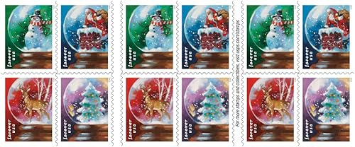 Miniatura 6 de Globos de nieve USPS (Boletín de 20) Sellos postales para siempre (un muñeco de nieve, Papá Noel en una chimenea, un ciervo majestuoso y un árbol de