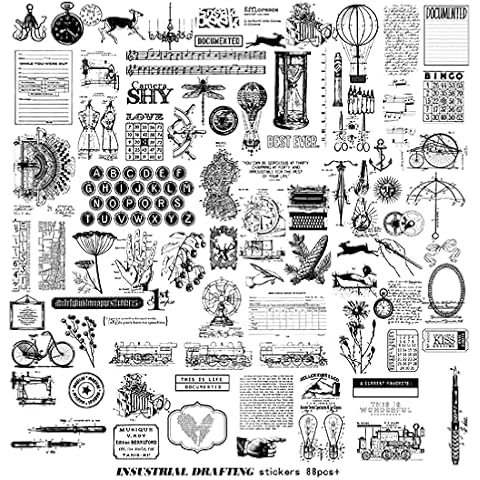 Vilikya 88pcs Industrial Scrapbook Stickers Vintage Decoupage Paper Washi Stickers for Journal Junk Supplies, Embellishments, Mechanical Drawing Black and White Stickers Cover