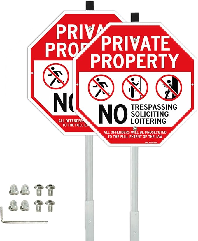 T&R Large Private Property No Trespassing Soliciting Loitering Sign with 36" Stake for Outside - 2 Pack - 12"x12" .040 Rust Free Heavy Aluminum, Includes Matching Screws & Wrench, Easy to Mount