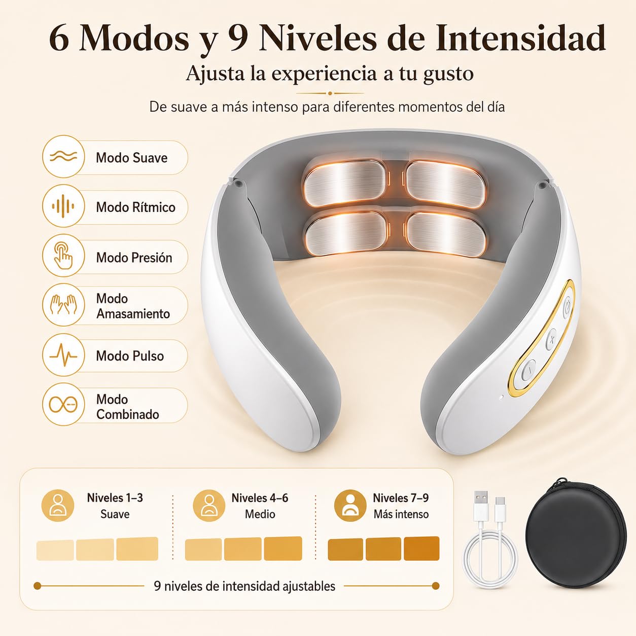 Masajeador Cervical Eléctrico con Calor 42°C, Masajeador de Cuello Recargable con 6 Modos y 9 Intensidades, Diseño Ergonómico en U, Portátil y Silencioso para Casa, Oficina y Viaje