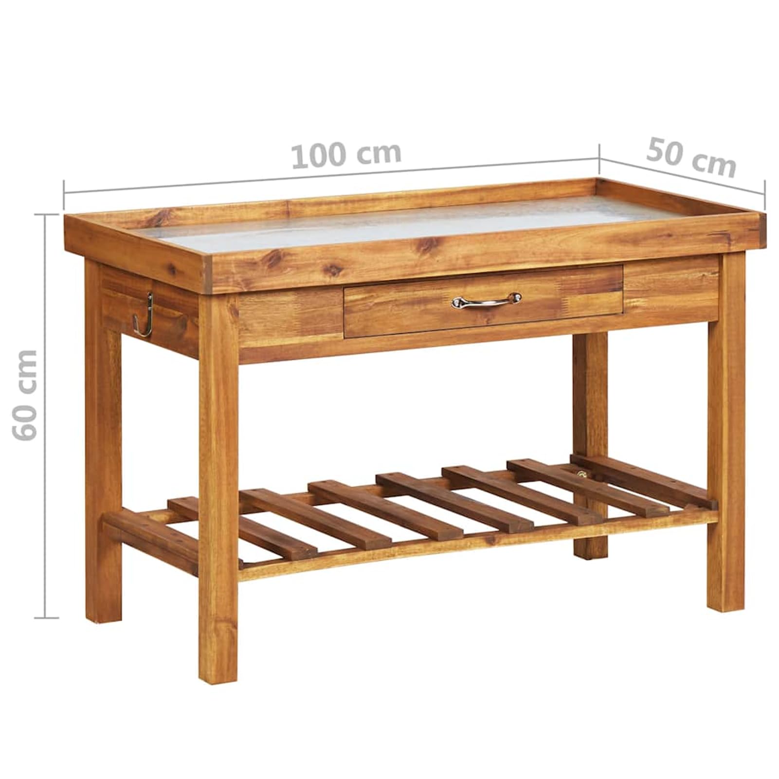 Gecheer Banco da lavoro per giardinaggio, piano in zinco e massello d'acacia, organizzazione attrezzi giardino, dimensioni 100x50x60 cm, per angolo verde e terrazzo