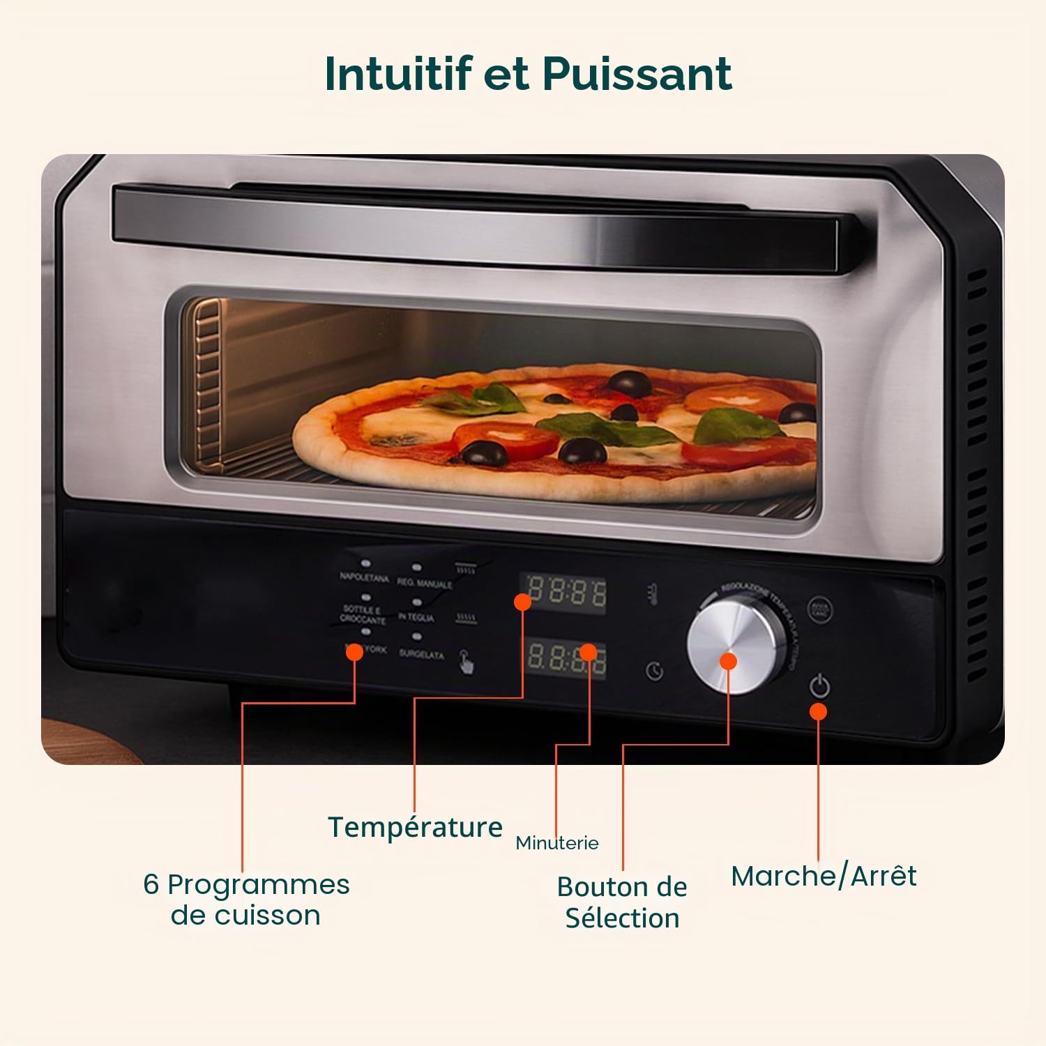 Avilia - Four à pizza électrique à 400 °C avec affichage numérique et 6 programmes de cuisson, y compris pelle à pizza en acier inoxydable, facile à utiliser avec contrôle précis de la température