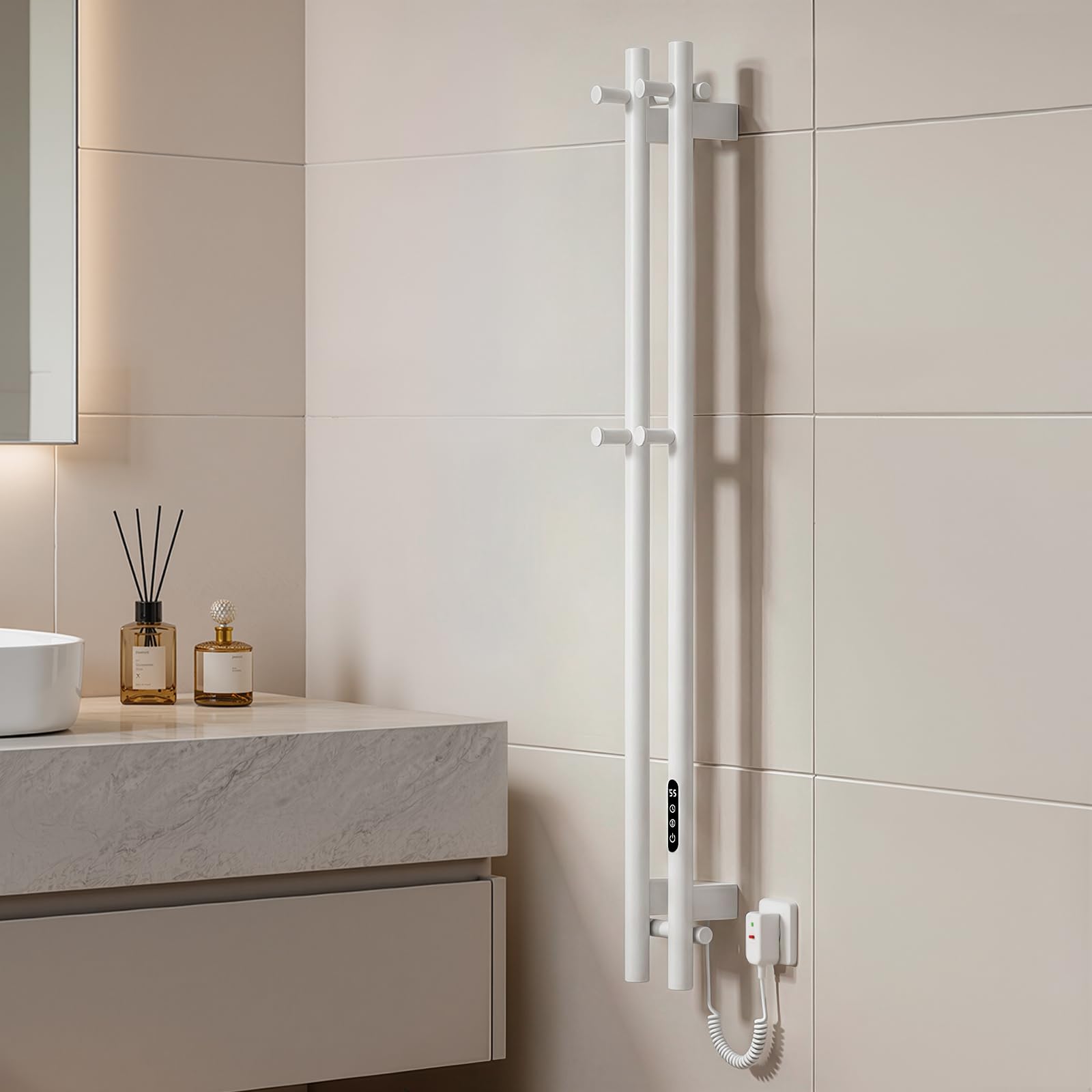 Heilmetz WiFi Handtuchheizkörper Elektrisch Weiß, Vertikal 2-Stangen Badheizkörper mit 4 Haken, Handtuchwärmer mit APP Steuerung, Timer & Temperaturregelung, 1200x124mm, 145W