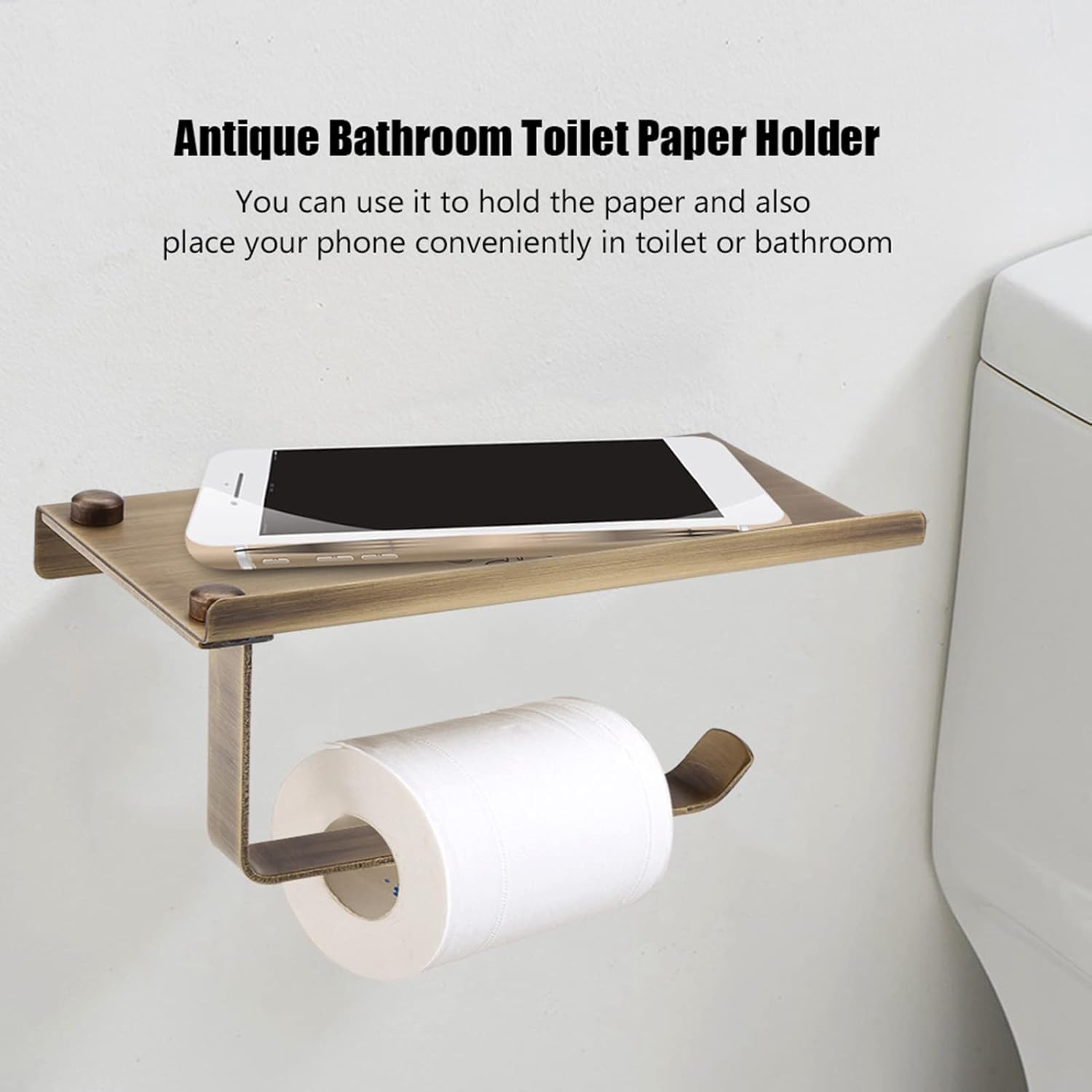 Antique Vintage Brass Toilet Paper Holder with Phone Shelf, Wall Mounted Bathroom Tissue Rack, Rust - Finish for Modern and Classic Bathrooms (Antique)