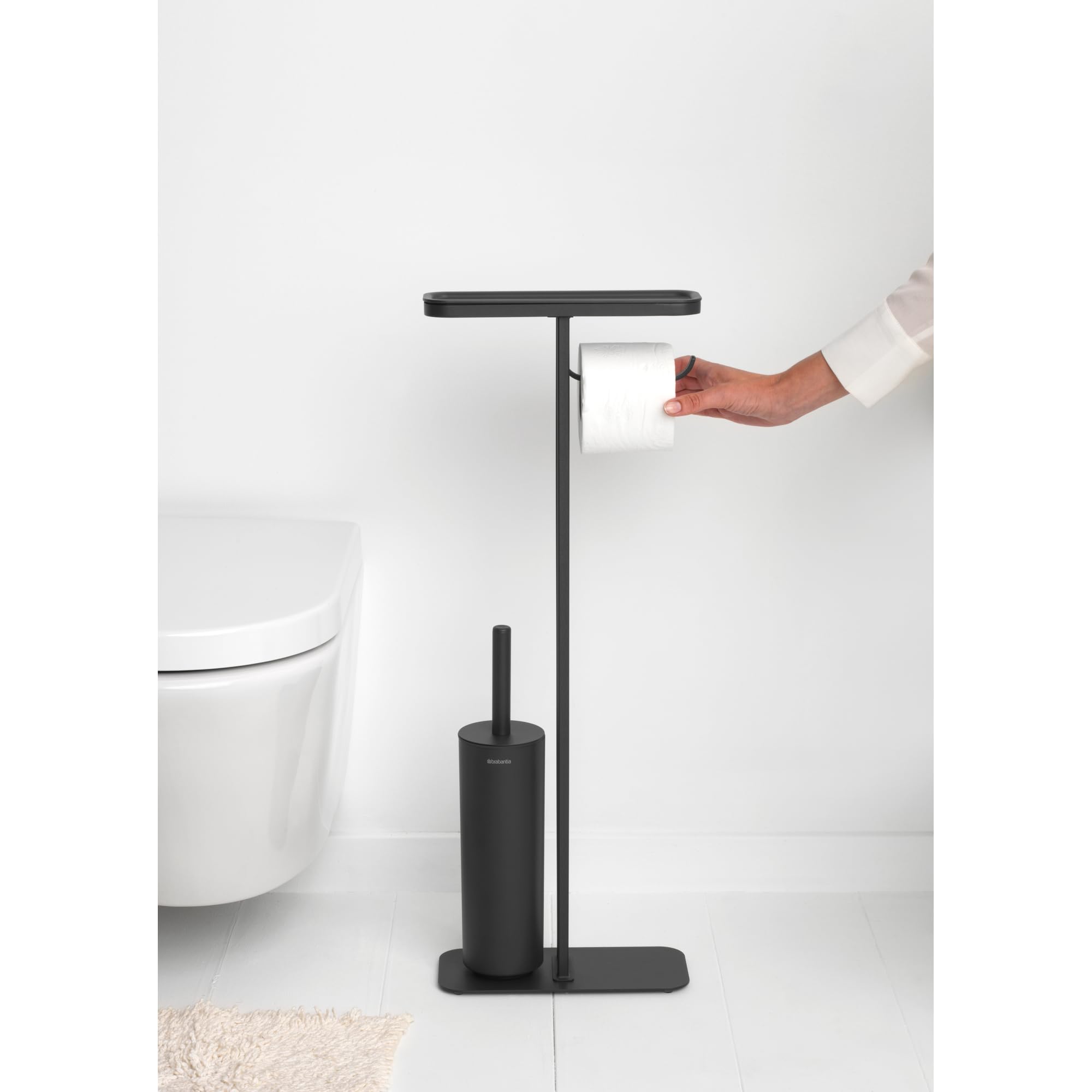 Brabantia - Mindset Mayordomo de Aseo - Estante de Baño, Portarrollos de Papel Higiénico & Escobilla de Inodoro Higiénica - Acero Resistente a la Corrosión - Gris Infinito - 75,5 x 12,5 x 29 cm