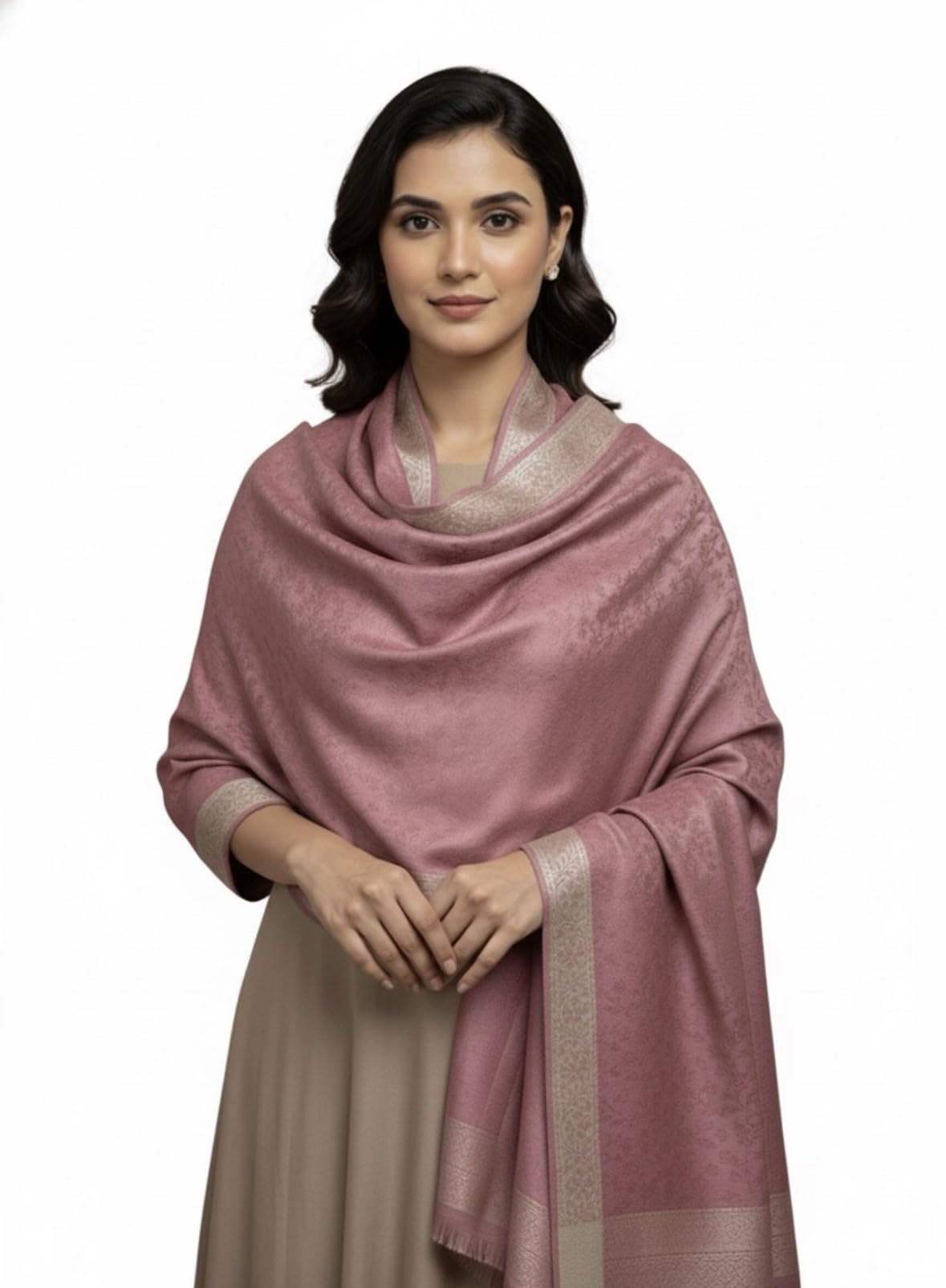 women's border shawl with self design, authentic wool blend, size 40x80inch