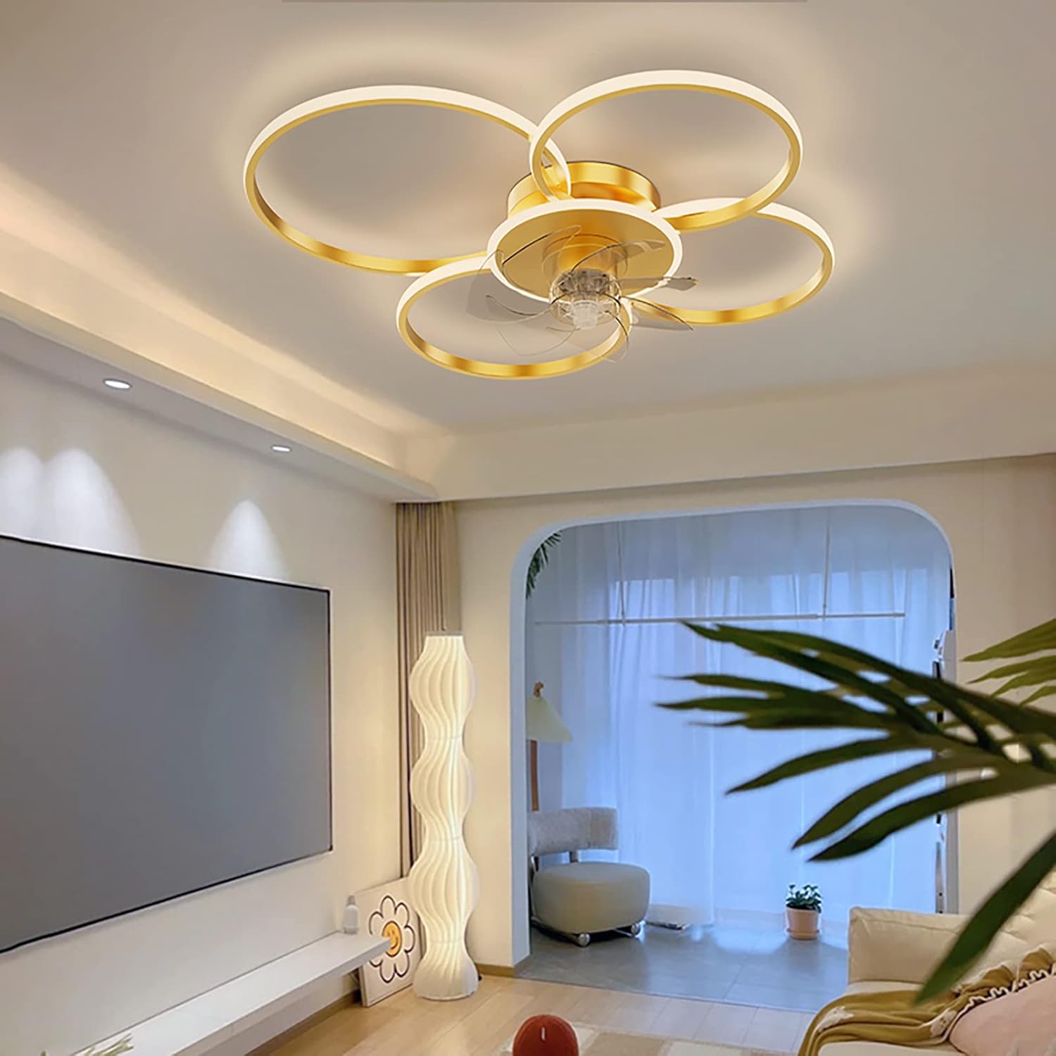 YUEGOO Ceiling Fans with Lamps,Silent Ceiling Fans with Lights and Remote Reversible Fan Light 6-Speed Winter and Summer Mode with Dimmable Light Led Ceiling Light Living Room Bedroom/D/4 Circles