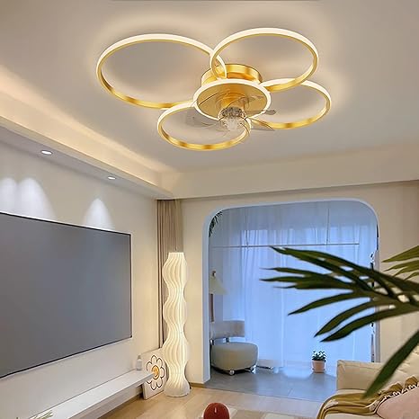 YUNZI LED Plafondventilator Met Lamp En Afstandsbediening Omkeerbaar 6 Snelheden Slaapkamer Dimbaar Plafondventilator Met Licht En Timer Ultradun Rustig Plafondventilator Met Verlichting-Gold||4 circles photo 3