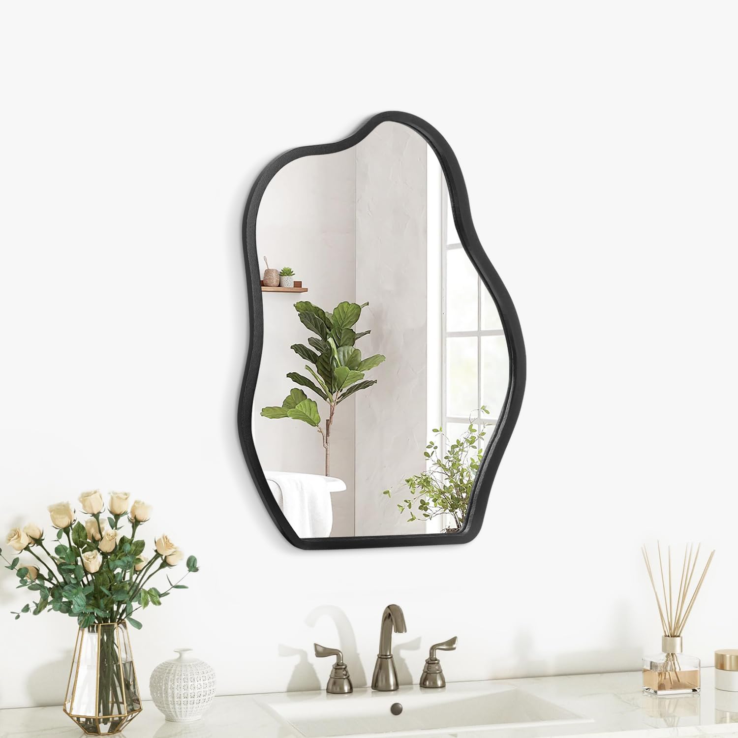Lzuso Black Wooden Framed Wall Mirror Irregular Asymmetrical Modern Black Cloud Hanging Artistic Mirrors Decor for Bathroom Vanity Bedroom Living Room Entryway Hallway Small 16"x12" - Image 2