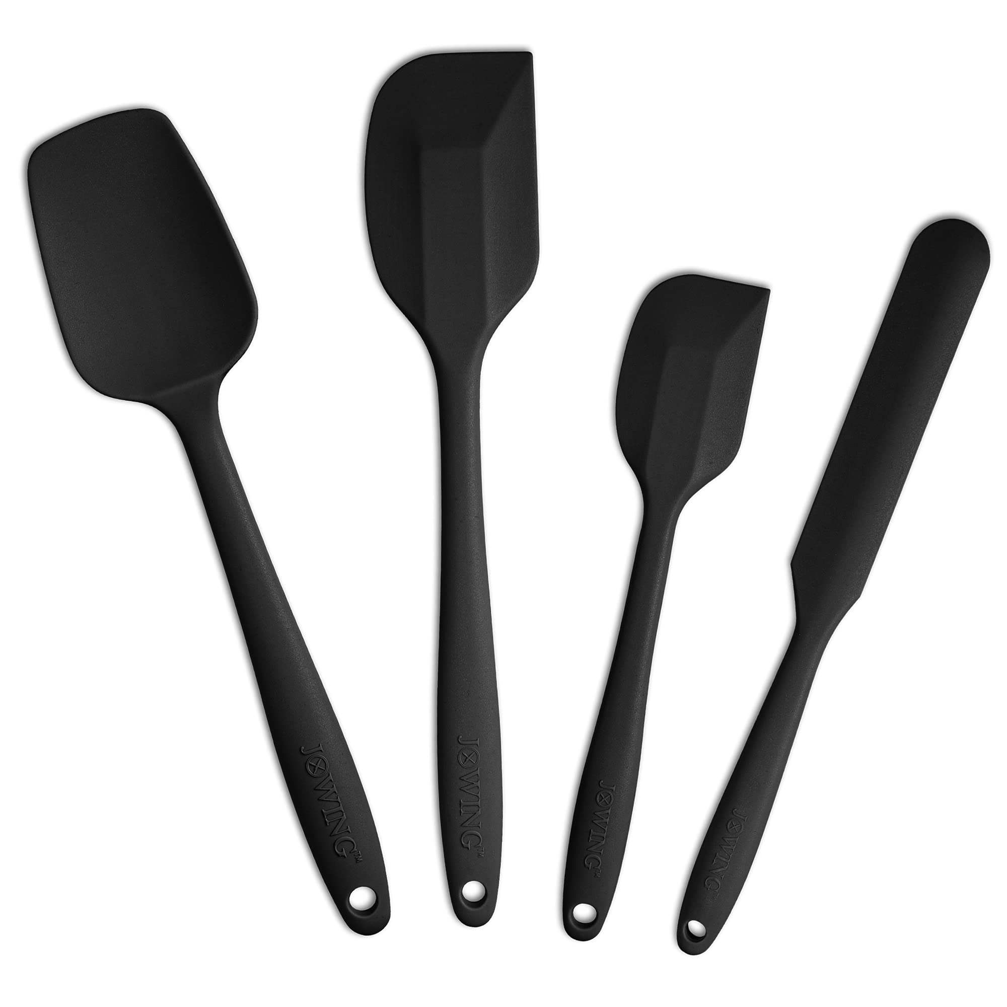 Juego de 4 espátulas de silicona flexibles, resistentes al calor, antiarañazos, con núcleo de acero inoxidable, color negro