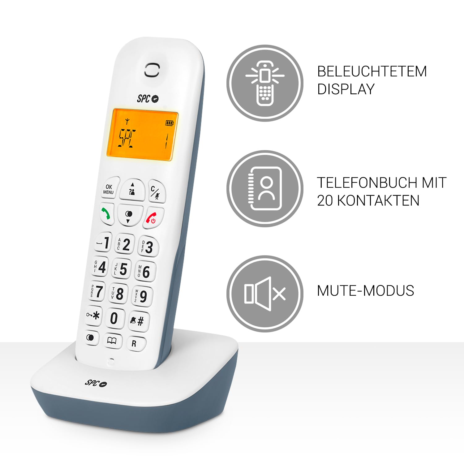 SPC Air – Schnurloses Festnetztelefon mit beleuchtetem Display, Anrufer-ID, Telefonbuch mit 20 Kontakten, Stummschaltfunktion, 5 verfügbare Melodien, Gap-Kompatibilität und ECO-Modus - Weiß