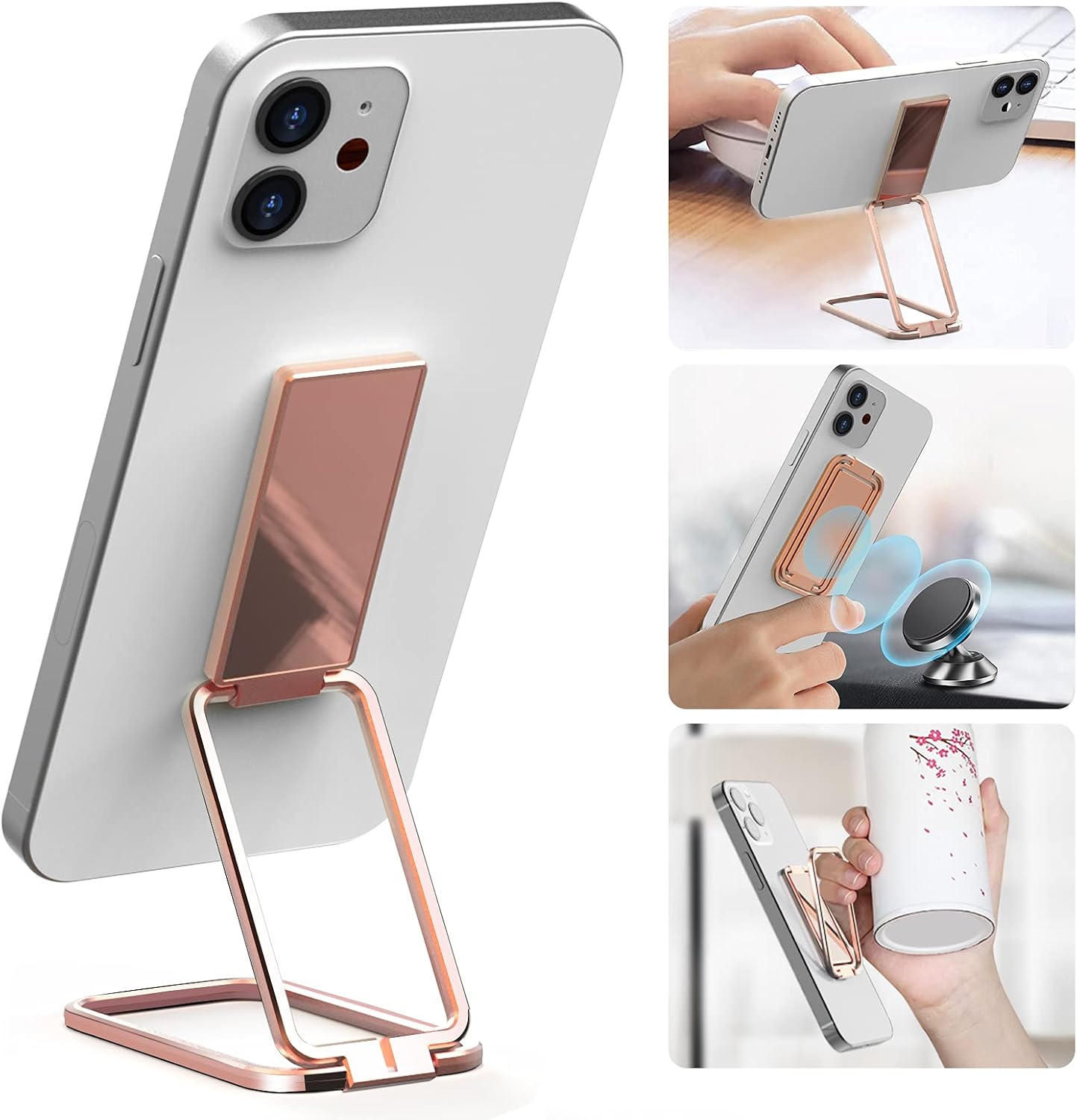 Foldable Phone Holder for Hand, Senose Phone Ring Holder Kickstand Grip, Phone Stand for Magnetic Car Mount Compatible for Sony, iPhone Smartphones, Rose Gold