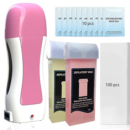 Gokano - Kit de cera enrollable para depilación, kit de cera con cartuchos de cera de miel y rosa, 100 tiras de cera, 10 toallitas para eliminar