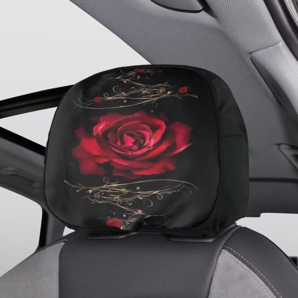 BIGCARJOB 2 Pack Stylish Red Rose Print Stretchy Car Seat Headrest Covers,Universal Car Seat Head Rest Protector Red Rose Auto Interior Accessories for Womens Girls Gifts