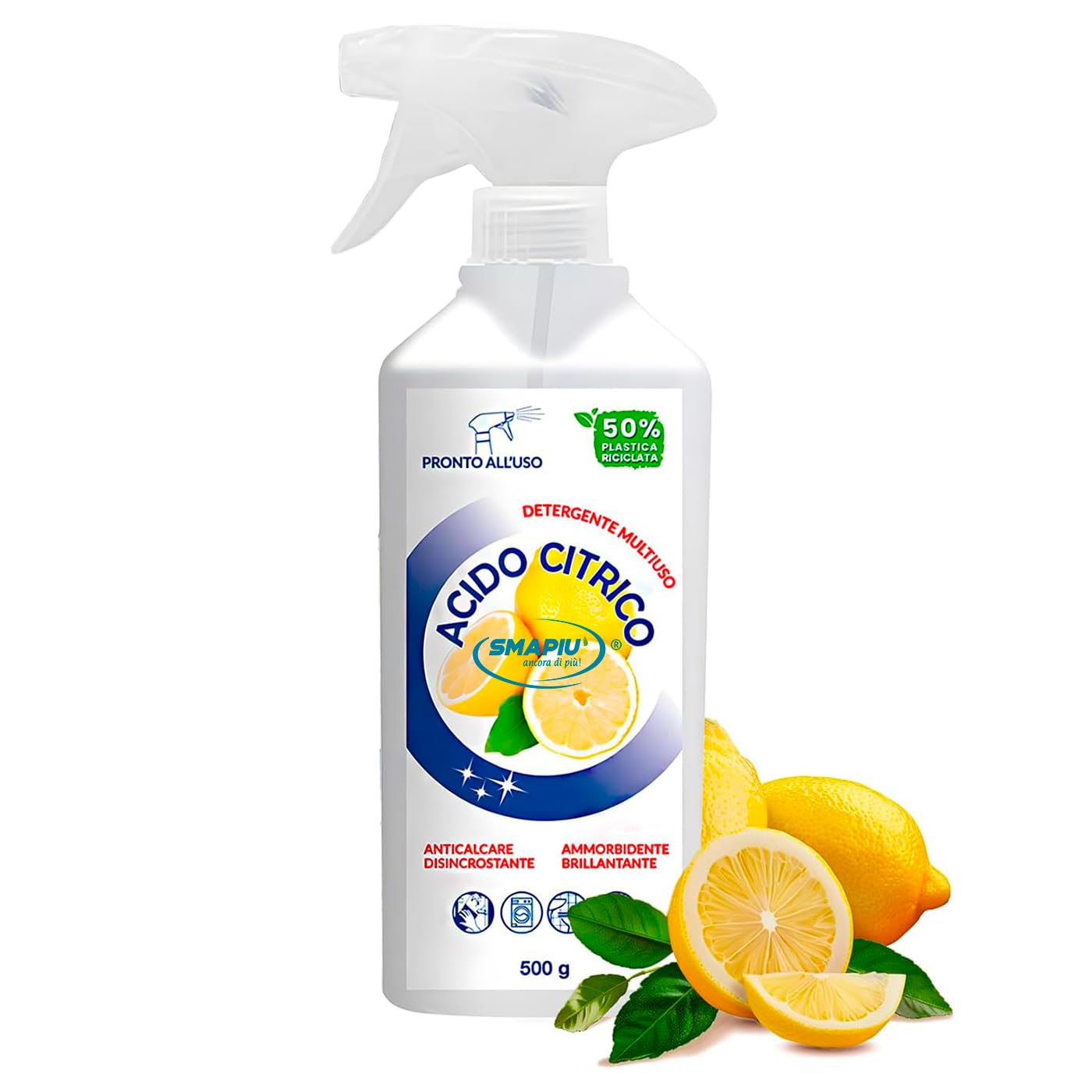 Acido Citrico Smapiù Multiuso Disincrostante e Anticalcare, Formulazione Concentrata 500ml al Profumo di Limone per Pulizia Efficace su Tutte le Superfici (1)