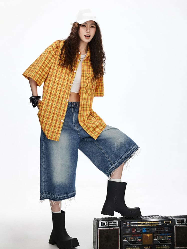Chemise Femme à Carreaux Jaune à Manches Courtes Brodée Lettres