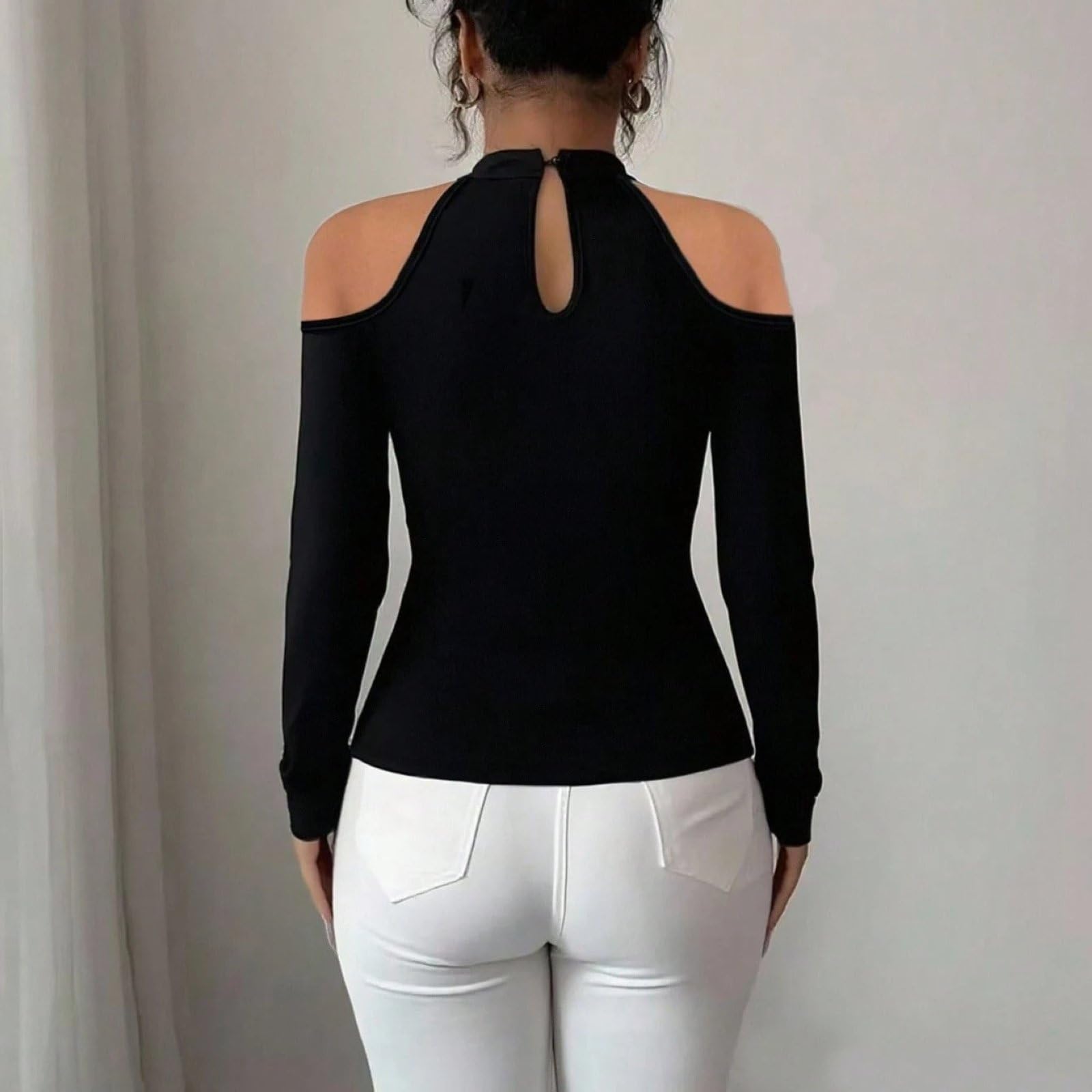 Top Court À Épaules Dénudées Pour Femme Manches Longues Découpe Ajourée Ourlet Plissé Mode Concert