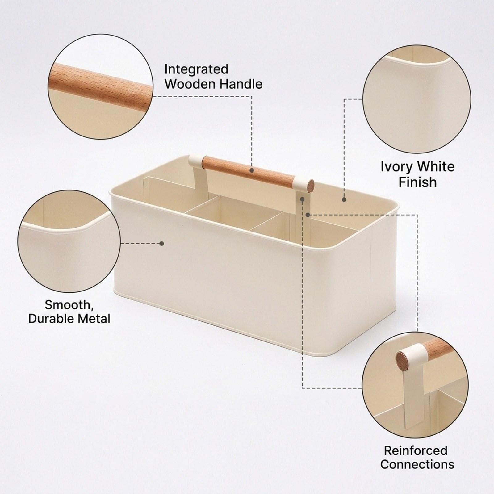 Cesto da Giardinaggio, Scatola Organizer in Metallo con 4 Scomparti E Manico in Legno, Ferro Zincato Resistente per Attrezzi E Attrezzature, Adatto PE, Bianco