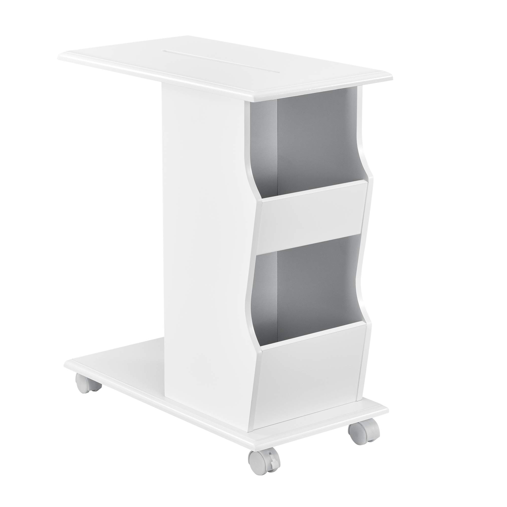 [en.casa] Tavolino Laterale da Divano Mobiletto con Rotelle Ripiani e Porta Riviste Tavolo Basso con Design a C 53 x 30 x 63 cm Bianco