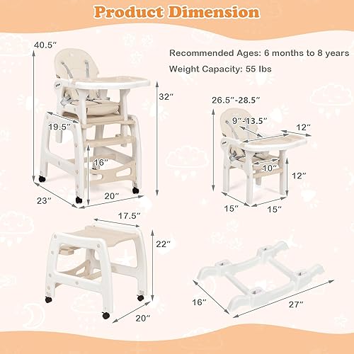 Miniatura 7 de INFANS Silla alta 5 en 1 para bebé, juego de sillas convertibles para niños pequeños, mecedora, asiento multifunción con ruedas universales
