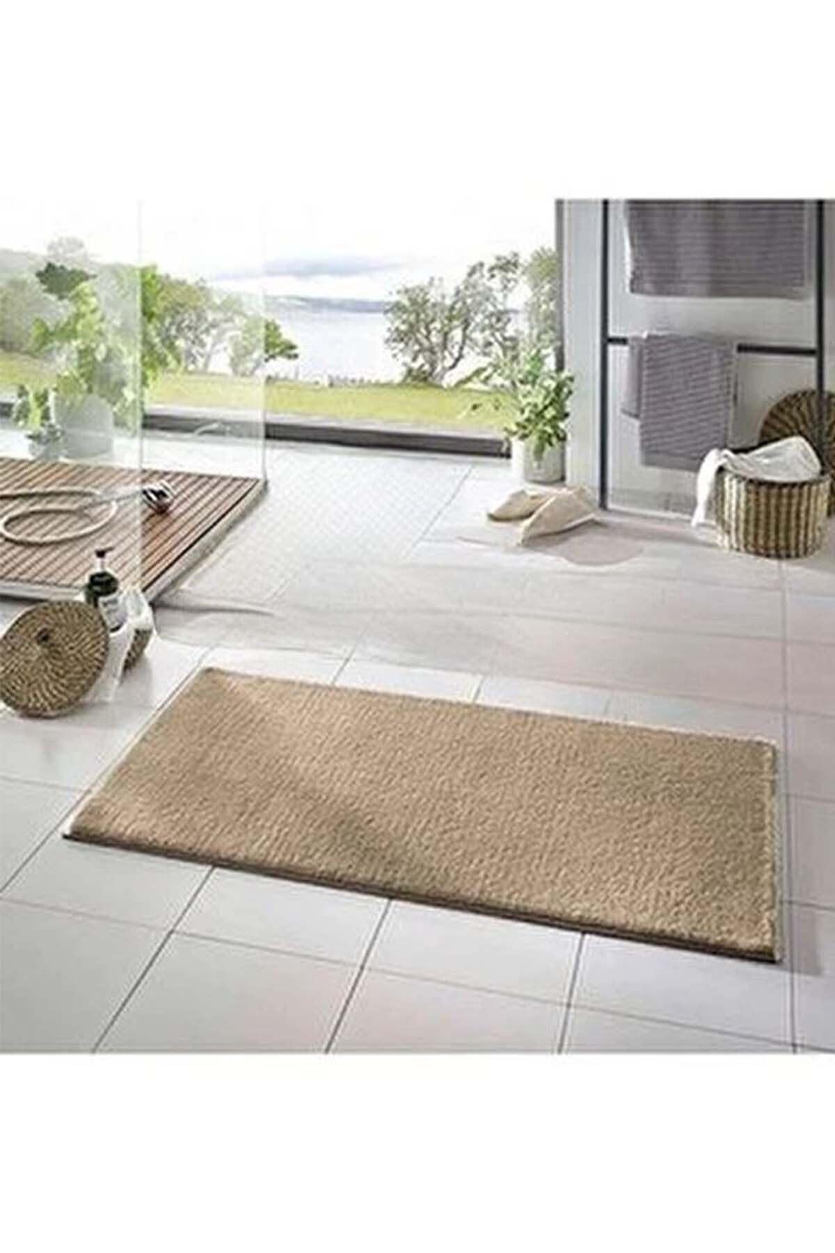 Rachel Carpet Banyo Paspası 1 Adet 50x80 Peluş Kaymaz Taban Yıkanabilir Banyo Halı Banyo Paspası, Vizon