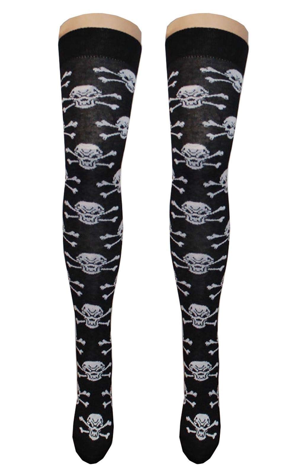 Womens Stripe Over The Knee High Socks Ladies Printed Fancy OTK Casual Socks Skull Cross Bone Print 1 Pack