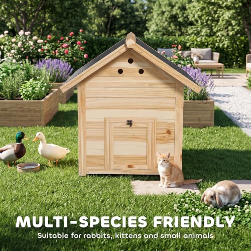 Image of PawHut Duck Coop, Wooden Duck House, Outdoor Small Animal House with Openable Roof, Double Doors, Removable Base for 1-3 Ducks, Chickens, Rabbits, Cats, Natural Wood