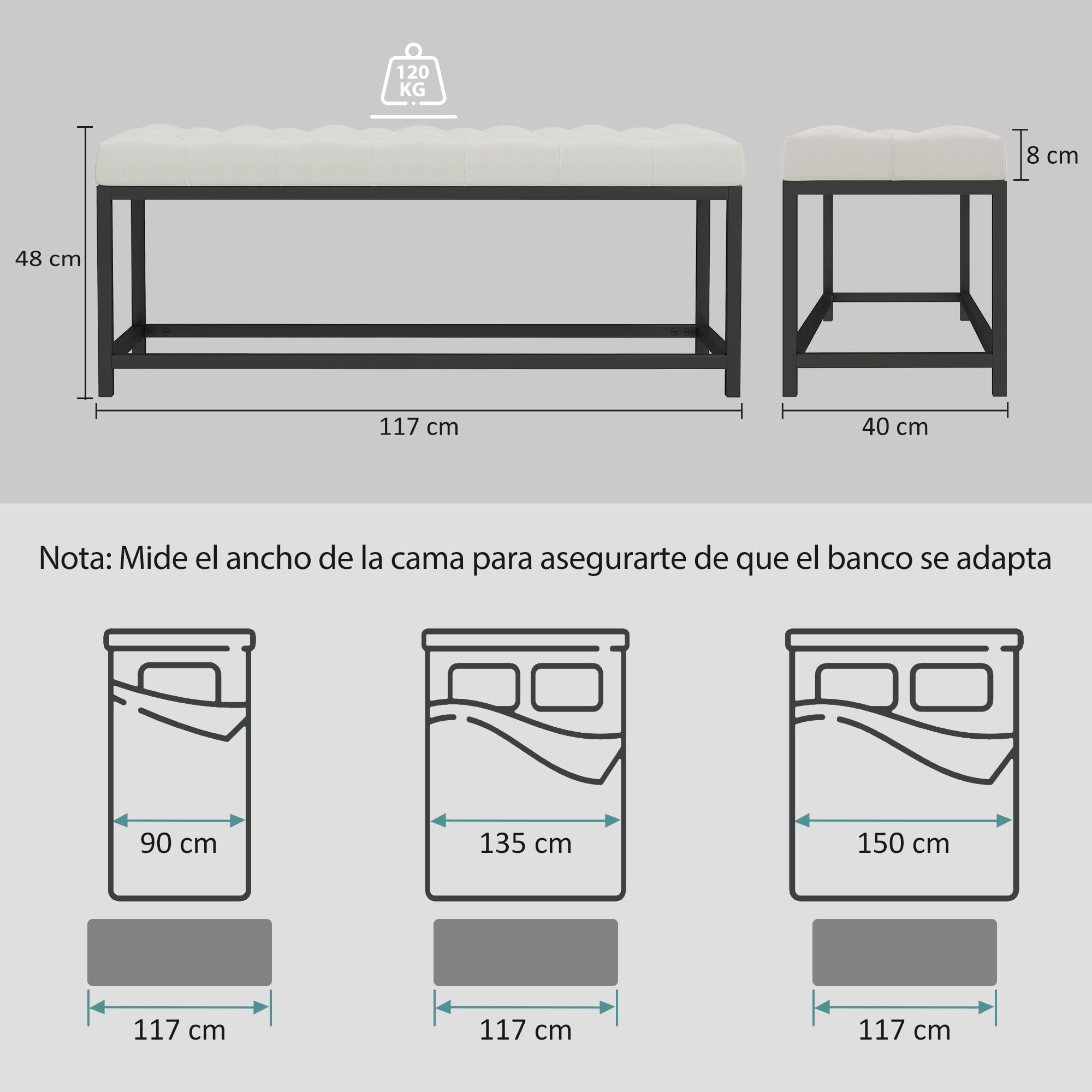 HOMCOM Banco Pie de Cama, Tapizado en Terciopelo, Banqueta para Dormitorio, Diseño Capitoné, Base de Metal, Banco para Dormitorio, Entrada, Salón, Recibidor, Crema