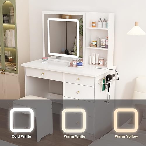 Miniatura 10 de Homsee Juego de escritorio de tocador con espejo grande iluminado deslizante, tocador con 5 cajones, estantes de almacenamiento y taburete acolchado