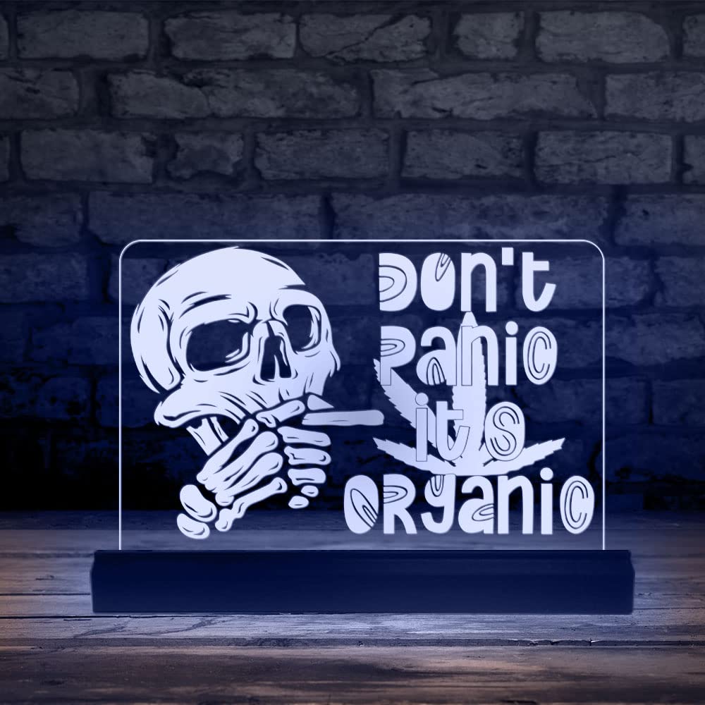 The Geeky Days Skull Smoke Cigarette 3D Illusion LED Lamp,Don't Panic It's  Organic Hemp Slogan Custom Acrylic Multi Color Night Light with Remote Bar  Decor (White)