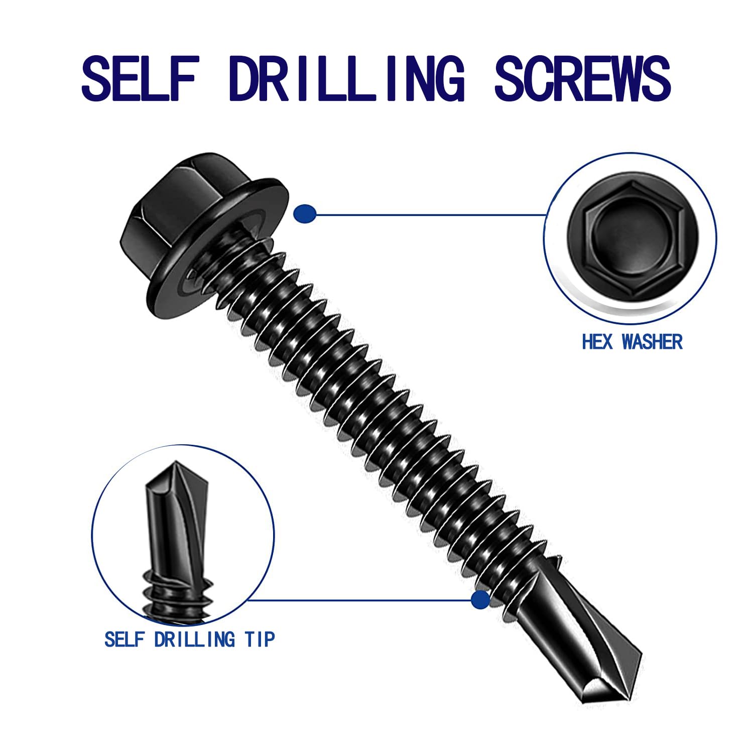 450 PCS 410 Stainless Steel Hex #8#10 Self Tapping Screws for Metal, Self Drilling Screws Assortment Kit, Black Oxide, Length 1/2" to 1-1/2'' (Hex #8#10 x1/2" to 1-1/2")