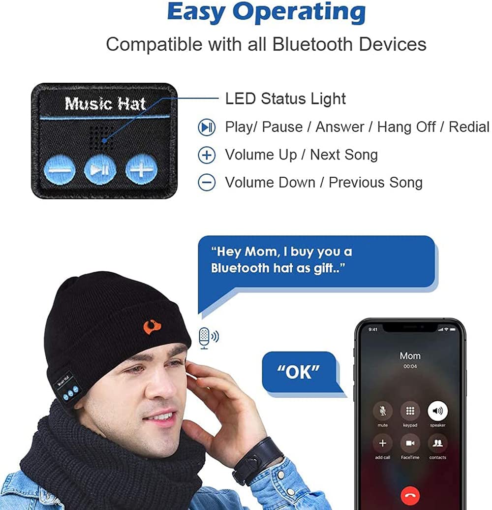 Cappello Bluetooth Idee Regalo Uomo - Cappello Uomo Donna Invernali, Berretto Bluetooth 5.0 Musica Cappello Migliori Regali Natale, Cappello Sportivo da Esterno Campeggio Sci, Ultra Morbidi Lavabili